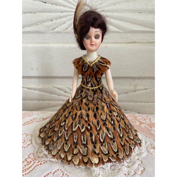 Vintage 1950s Celluloid Doll With Pheasant Feather Dress & Lace Trim - Picture 4 of 12